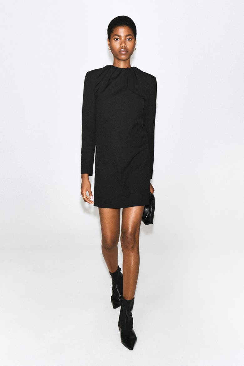 Pleated Tailored Twill Mini Dress, Alternate, color, BLACK