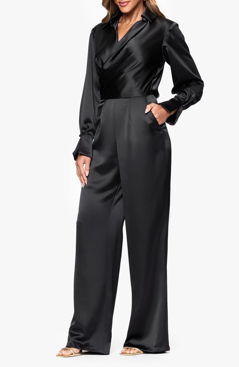 Xscape Evenings Long Sleeve Wide Leg Satin Jumpsuit, Alternate, color, Black