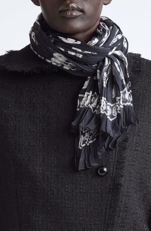 Skull Print Pleated Silk Scarf