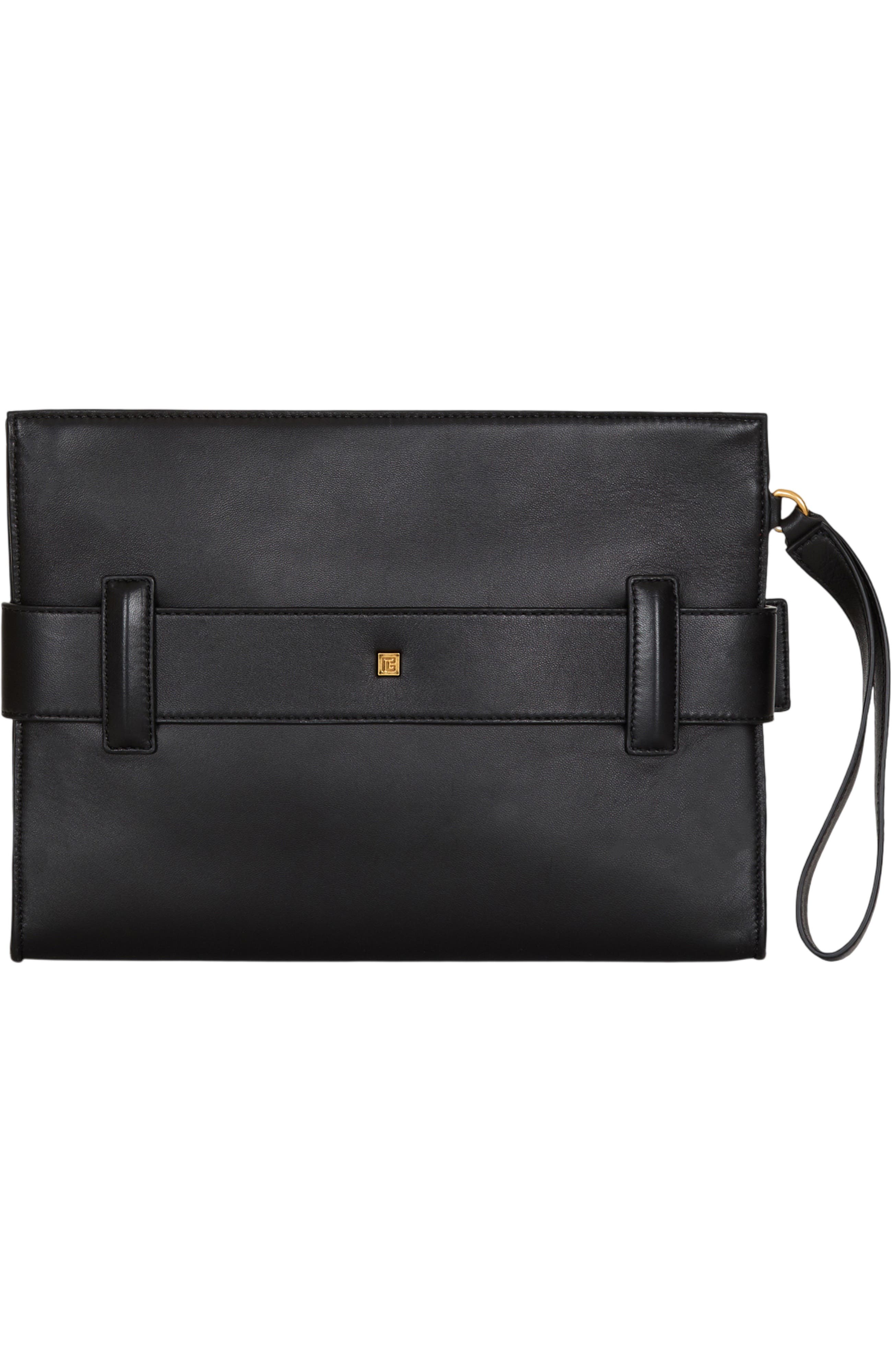 Balmain Anthem smooth leather clutch, Alternate, color, Black