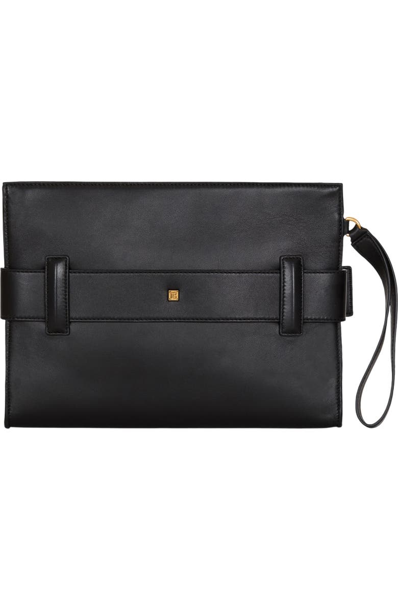 Balmain Anthem smooth leather clutch, Alternate, color, Black