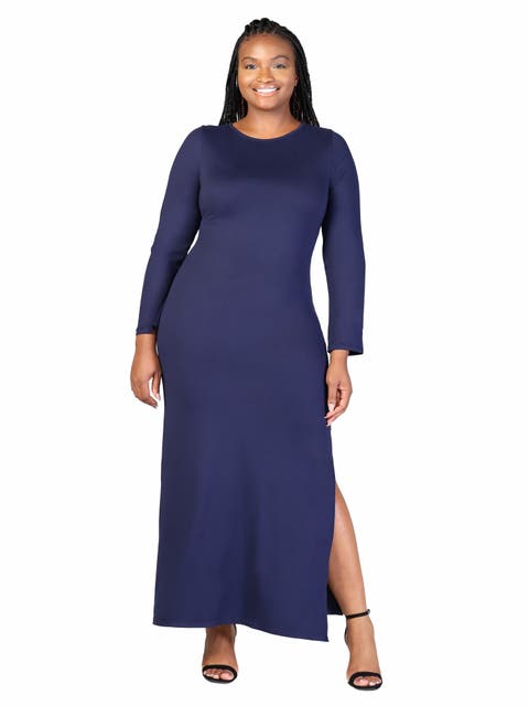 Plus Size Long Sleeve Side Slit Fitted Black  Maxi Dress