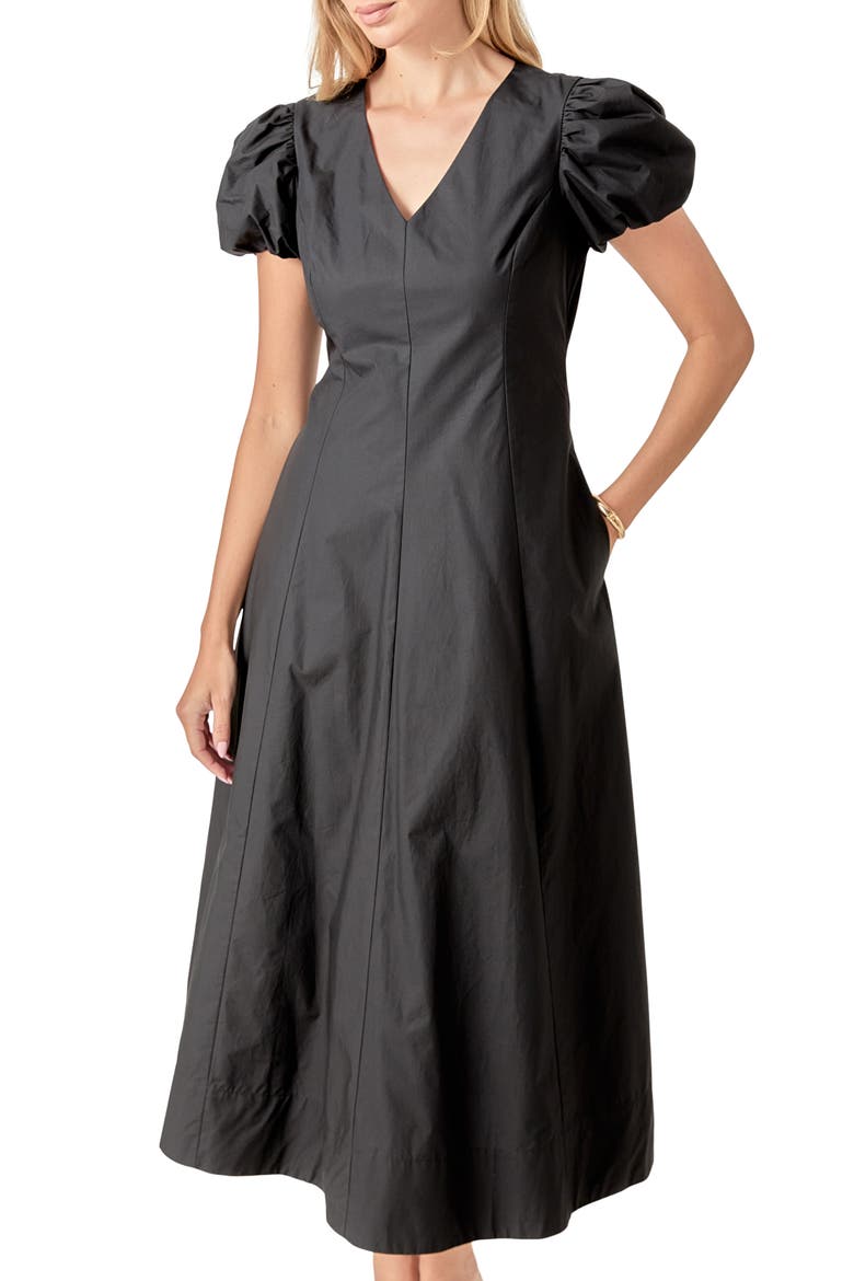 Puff Sleeve Fit & Flare Cotton Midi Dress, Alternate, color, BLACK