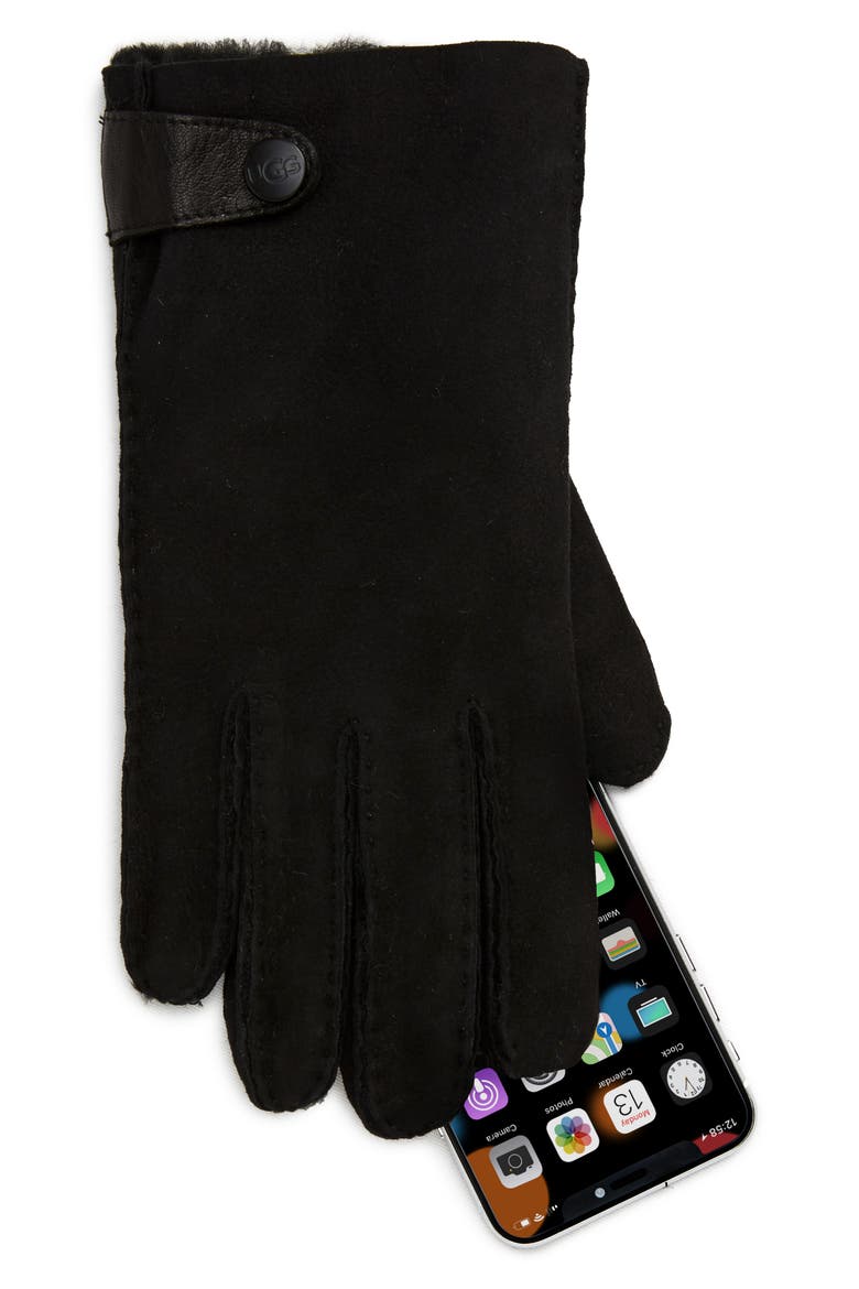 Genuine Shearling Lined Leather Tech Gloves, Alternate, color, BLACK
