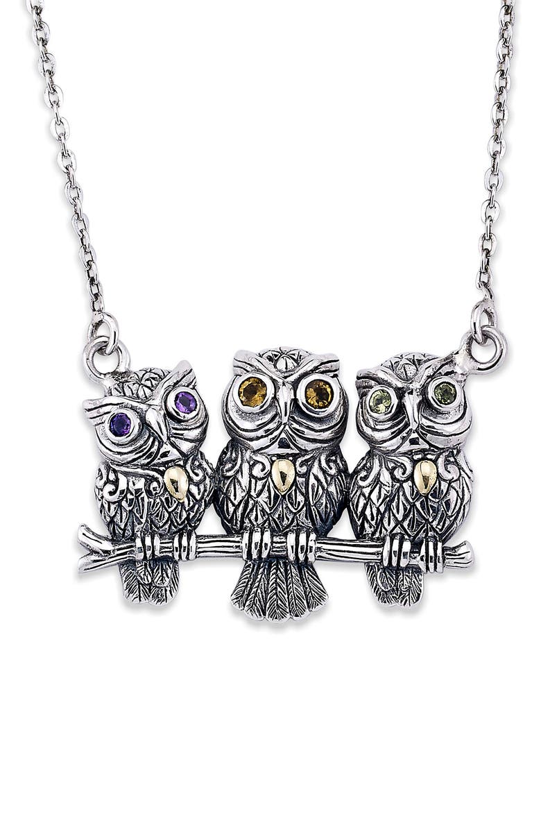 SAMUEL B. 18K Yellow Gold & Sterling Silver Amethyst, Citrine, & Peridot Filigree Owls Pendant Necklace, Main, color, 