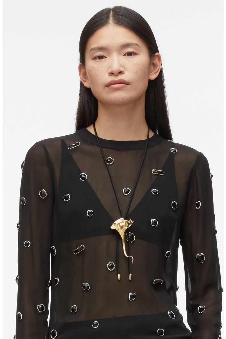 Embellished Silk Chiffon Long Sleeve Top, Alternate, color, BLACK