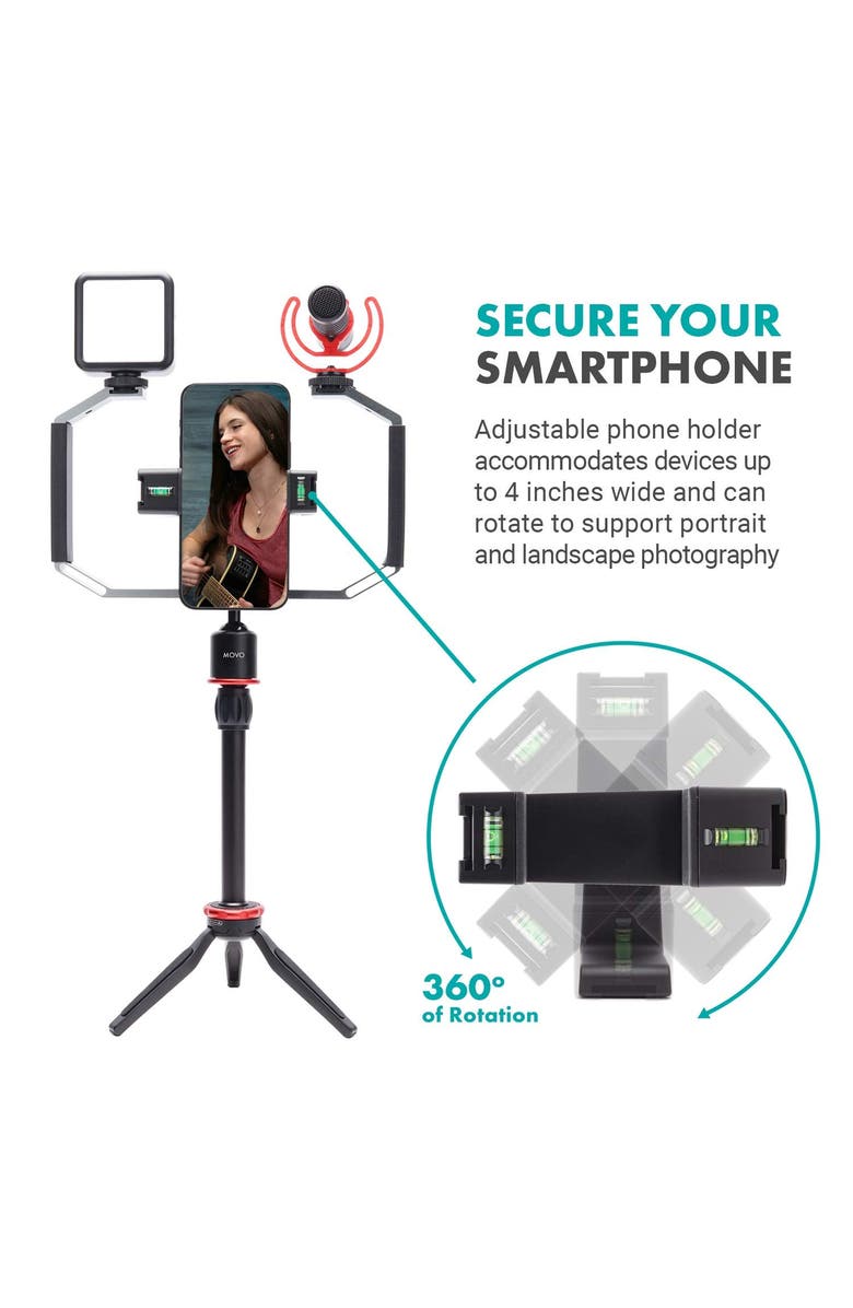 MOVO iVlog3 Smartphone Video Bundle with Microphone, Mini Tripod, LED Camera Light, Wide-Angle Lens, Alternate, color, Black