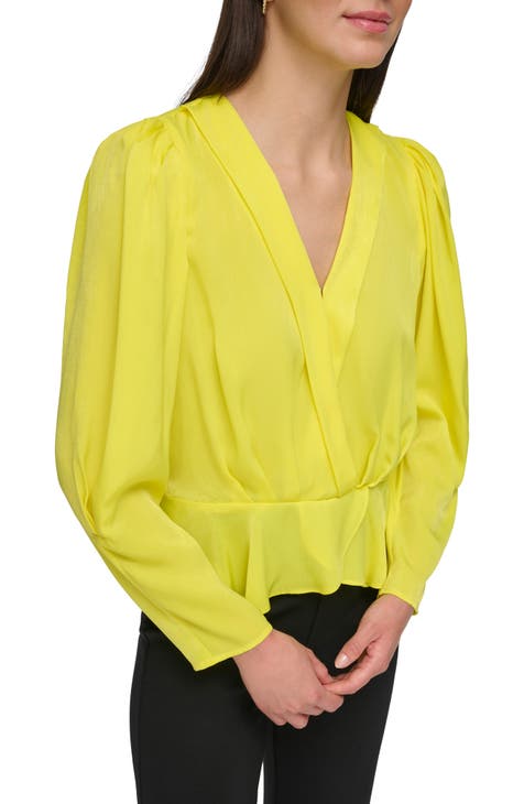 Wrap Front Satin Peplum Blouse