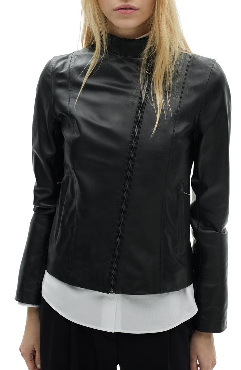 MANGO Leather Moto Jacket, Main, color, Black