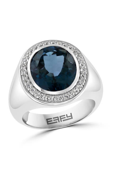 London Blue Topaz & White Topaz Halo Ring in Sterling Silver
