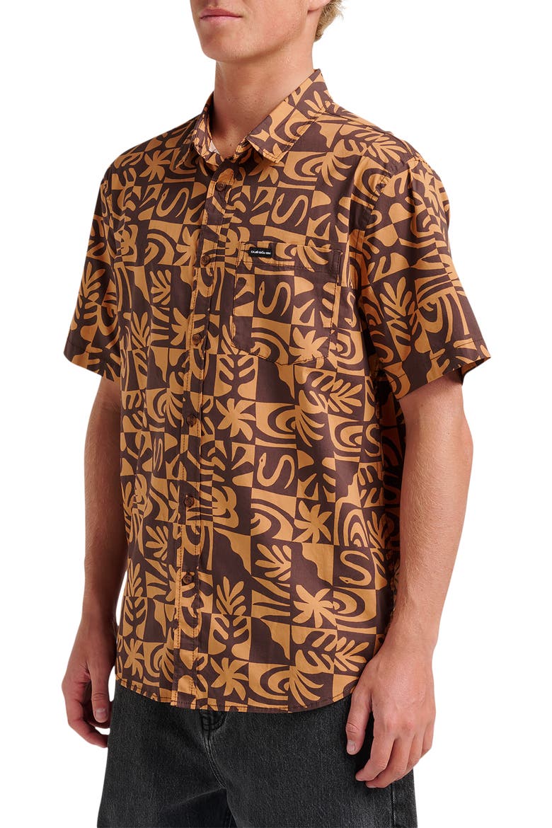Terra Classic Abstract Print Short Sleeve Stretch Cotton Button-Up Shirt, Alternate, color, CHOCOLATE