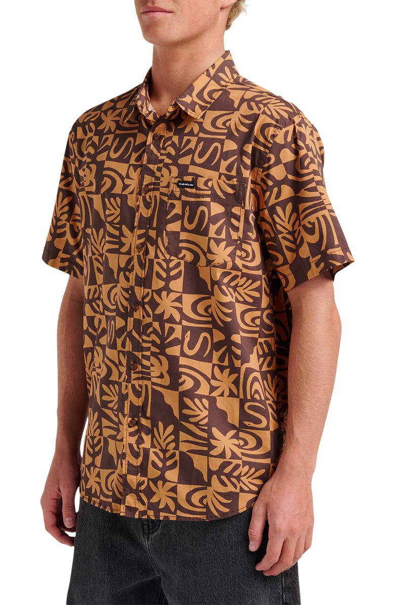 Quiksilver Terra Classic Abstract Print Short Sleeve Stretch Cotton Button-Up Shirt, Alternate, color,