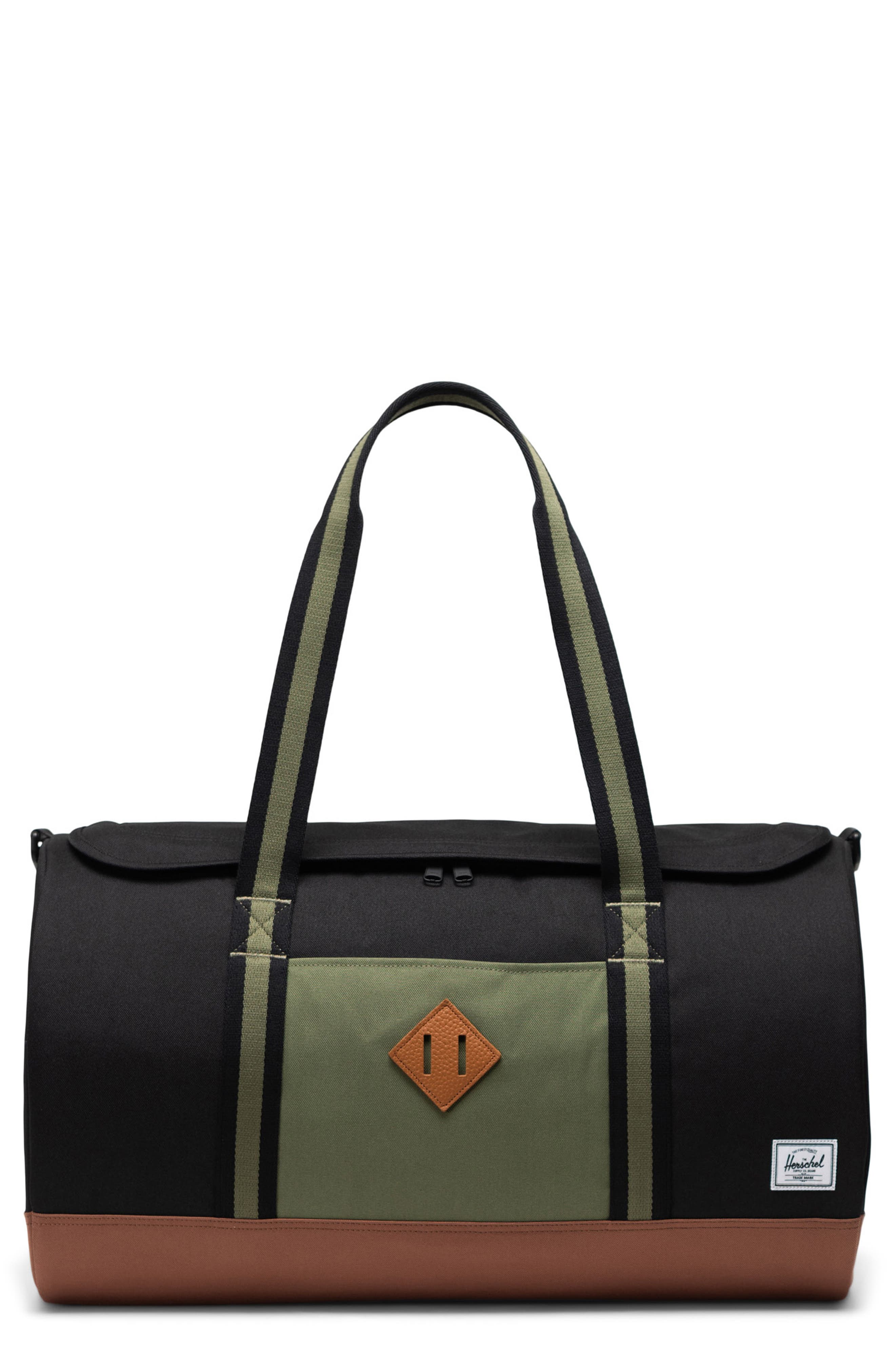 Herschel Supply Co. Heritage Duffle Bag, Main, color, Black/Four Leaf Clover/Brown