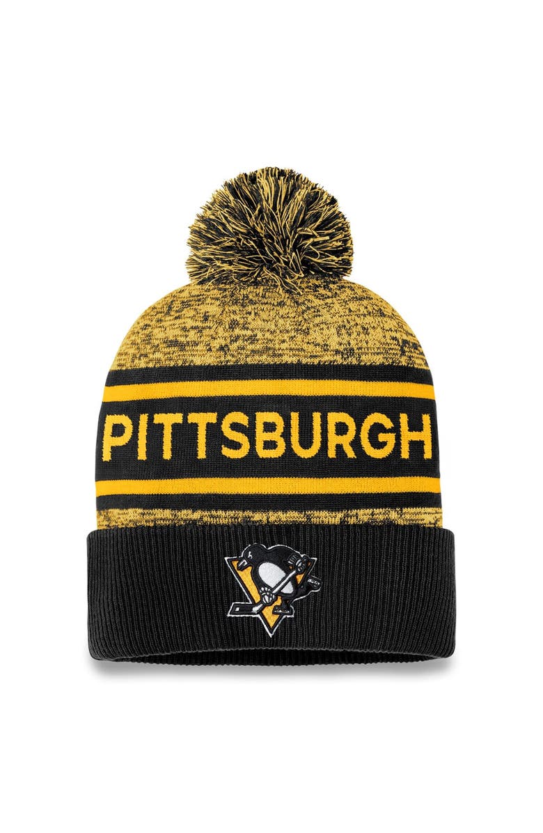 FANATICS Men's Fanatics Branded Black/Gold Pittsburgh Penguins Authentic Pro Cuffed Knit Hat with Pom, Main, color, 