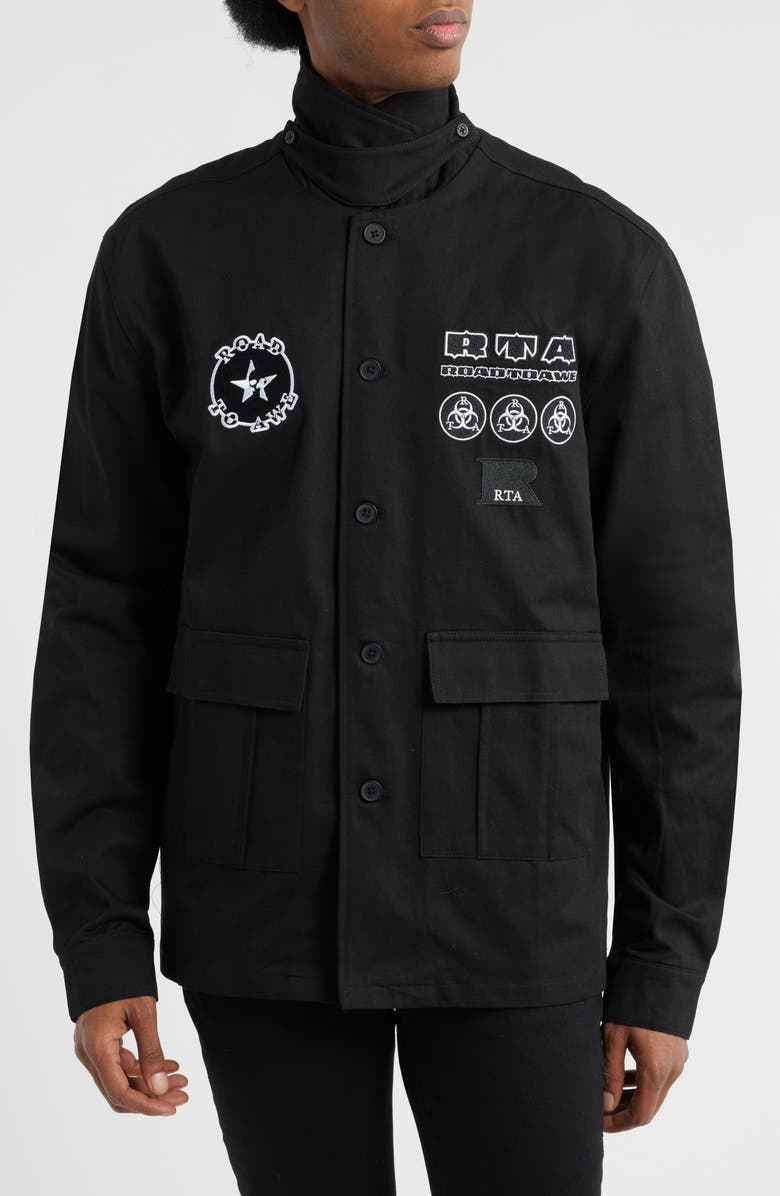 RtA Nilton Graphic Military Patch Button-Up Shirt, Alternate, color, Black Military Patch