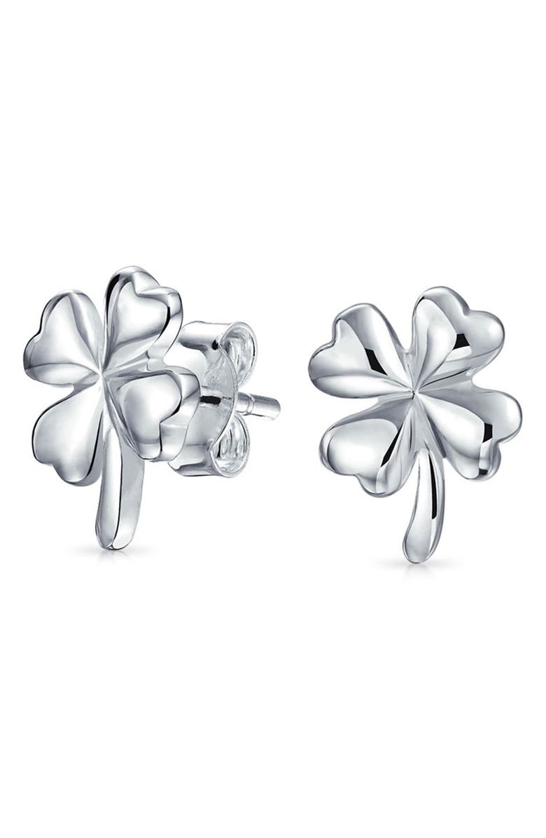 BLING JEWELRY Sterling Silver Good Luck Four Leaf Clover Stud Earrings, Alternate, color, Silver