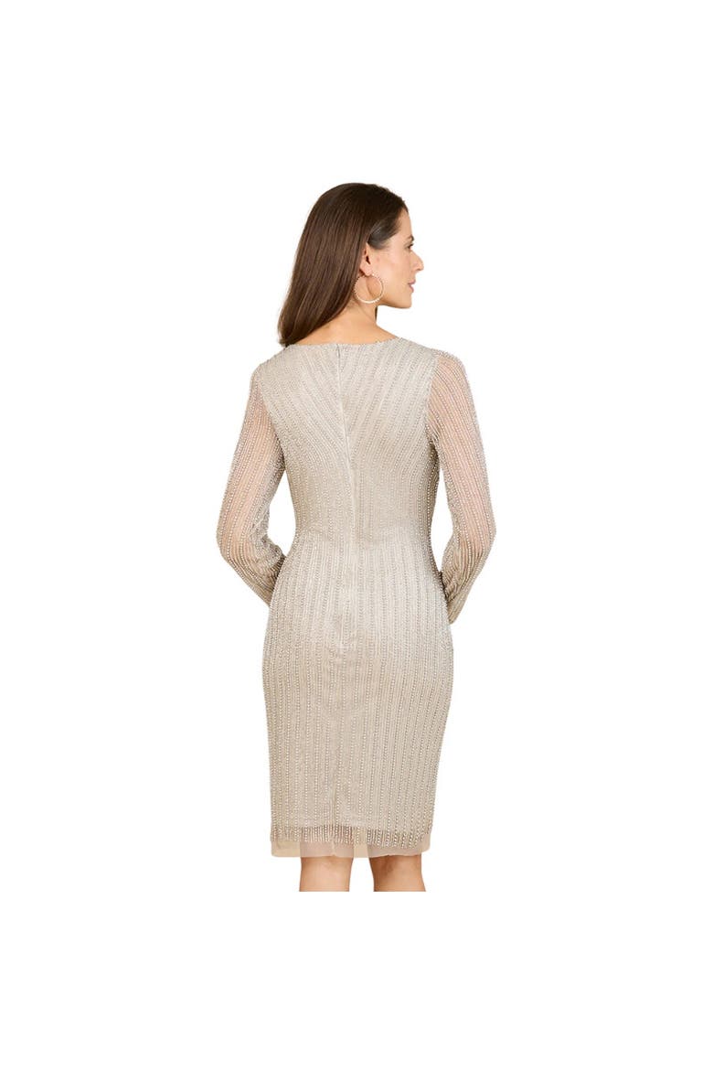 Classic V-Neck Beaded Long Sleeve Cocktail Dress, Alternate, color, Silver