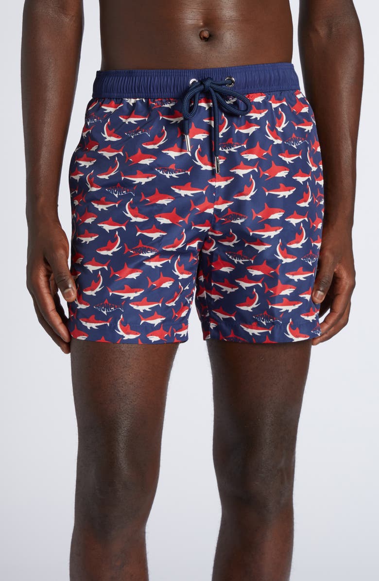 Moncler Shark Print Swim Trunks, Main, color, Navy Blue
