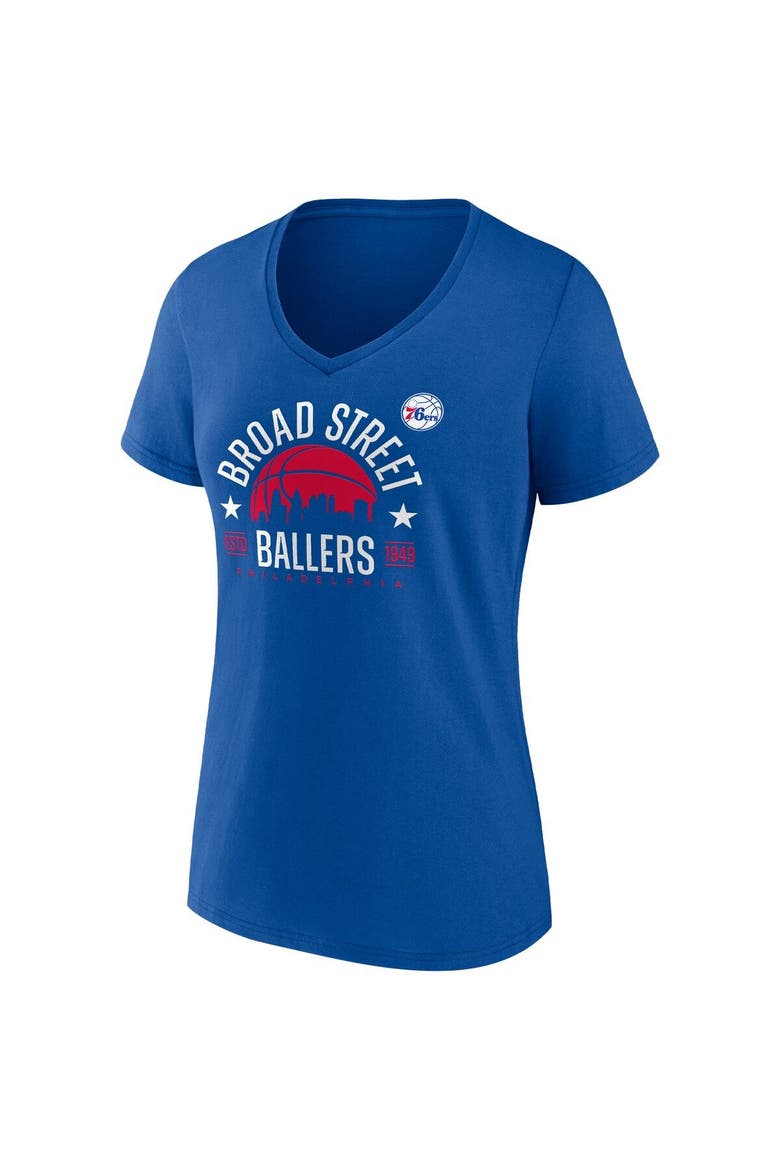 Women's Fanatics Branded Royal Philadelphia 76ers Hometown Collection Broad Street Ballers V-Neck T-Shirt, Alternate, color, Royal