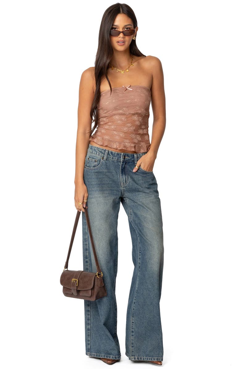 EDIKTED Ballet Floral Lace Crop Tube Top, Alternate, color, Brown