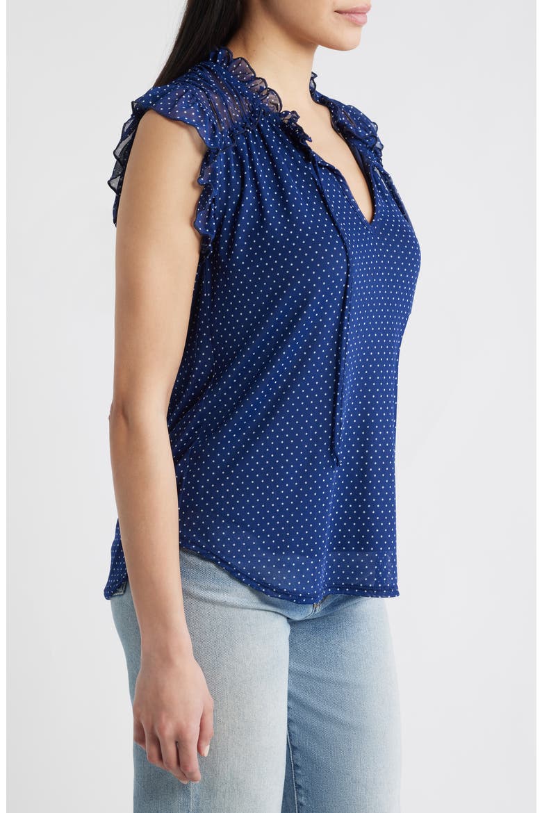 Polka Dot Ruffle Trim Split Neck Top, Alternate, color, NAVY