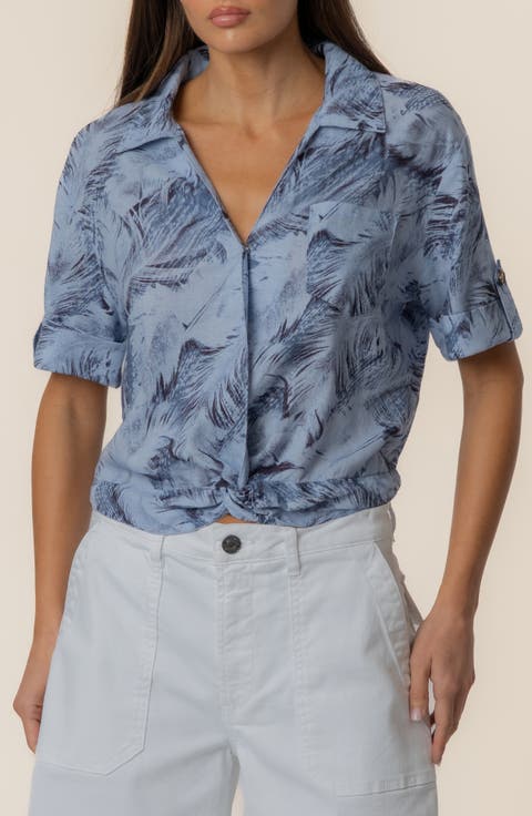 Rebel Printed Knot Front Linen Blend Top