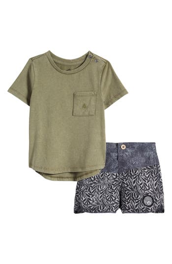 Shop Volcom Acid Wash T-shirt & Swim Shorts Set In Military