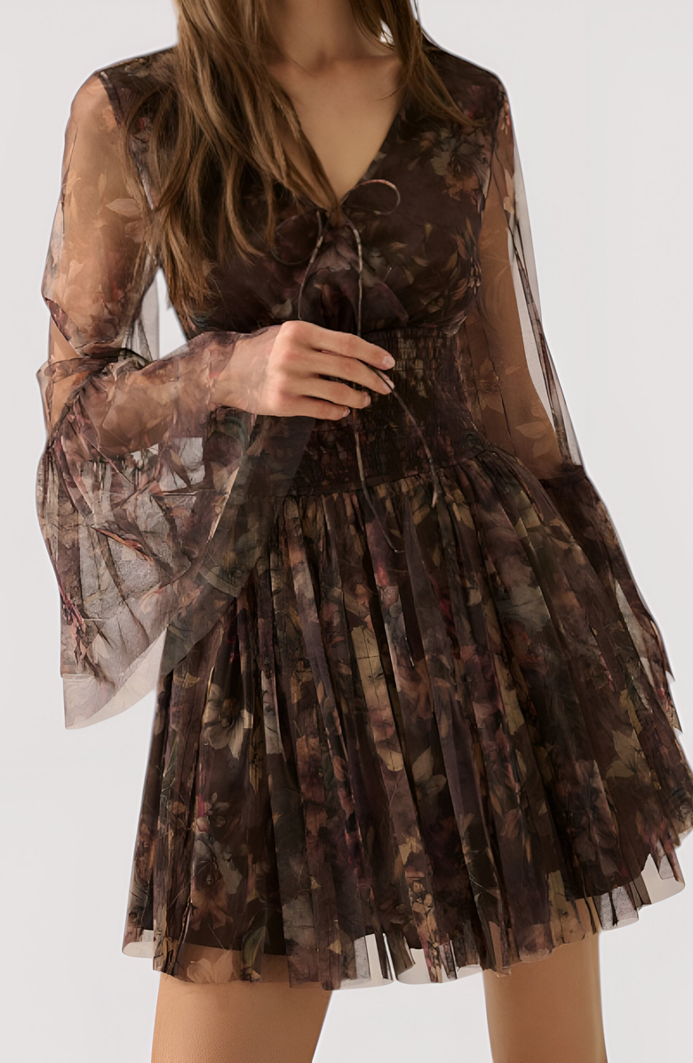 Modenaire Floral Long Sleeve Mini Dress with Smocked Waist and Flared Skirt, Alternate, color, Brown Floral