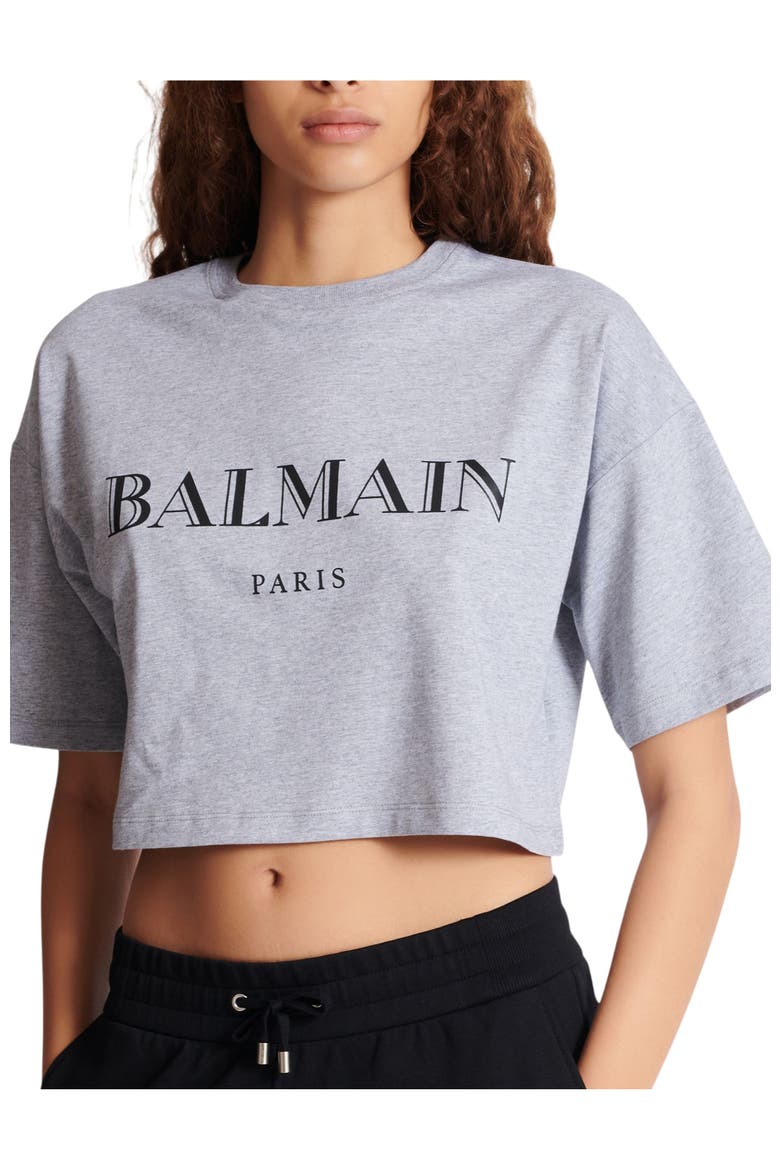 Boxy Cropped T-Shirt with Balmain Print, Alternate, color, grey
