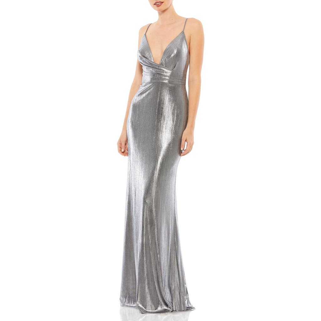 Mac Duggal Metallic Faux Wrap Spaghetti Strap Gown In Silver