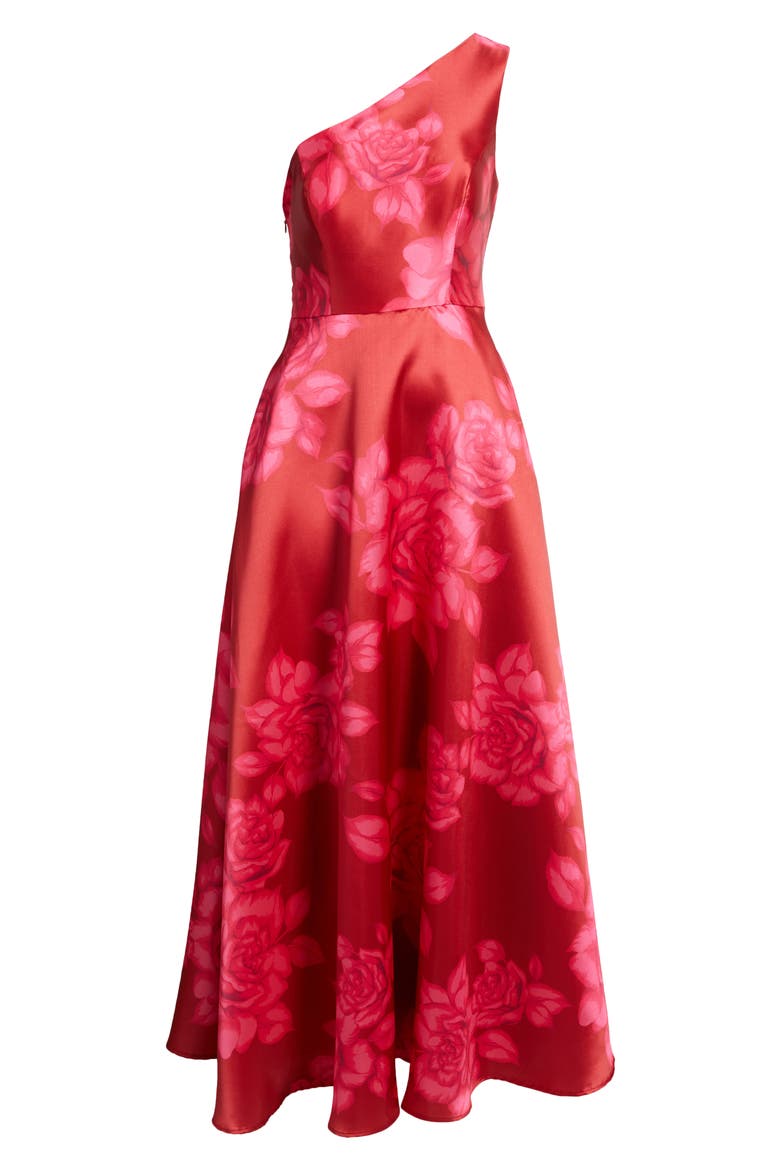 Floral One-Shoulder Satin Gown, Alternate, color, RED