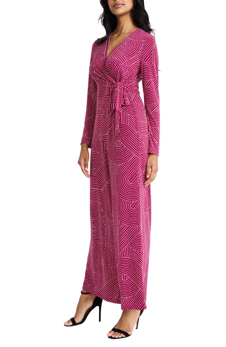 Maggy London Long Sleeve Faux Wrap Jumpsuit, Alternate, color, Raspberry/ Ivory