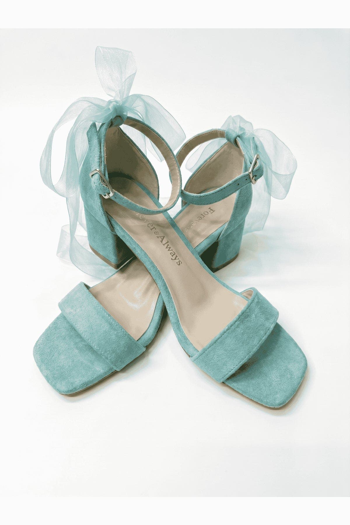 Forever & Always Shoes Rochelle Ivory Bridal Sandals with Ribbon, Alternate, color, Aqua Suede