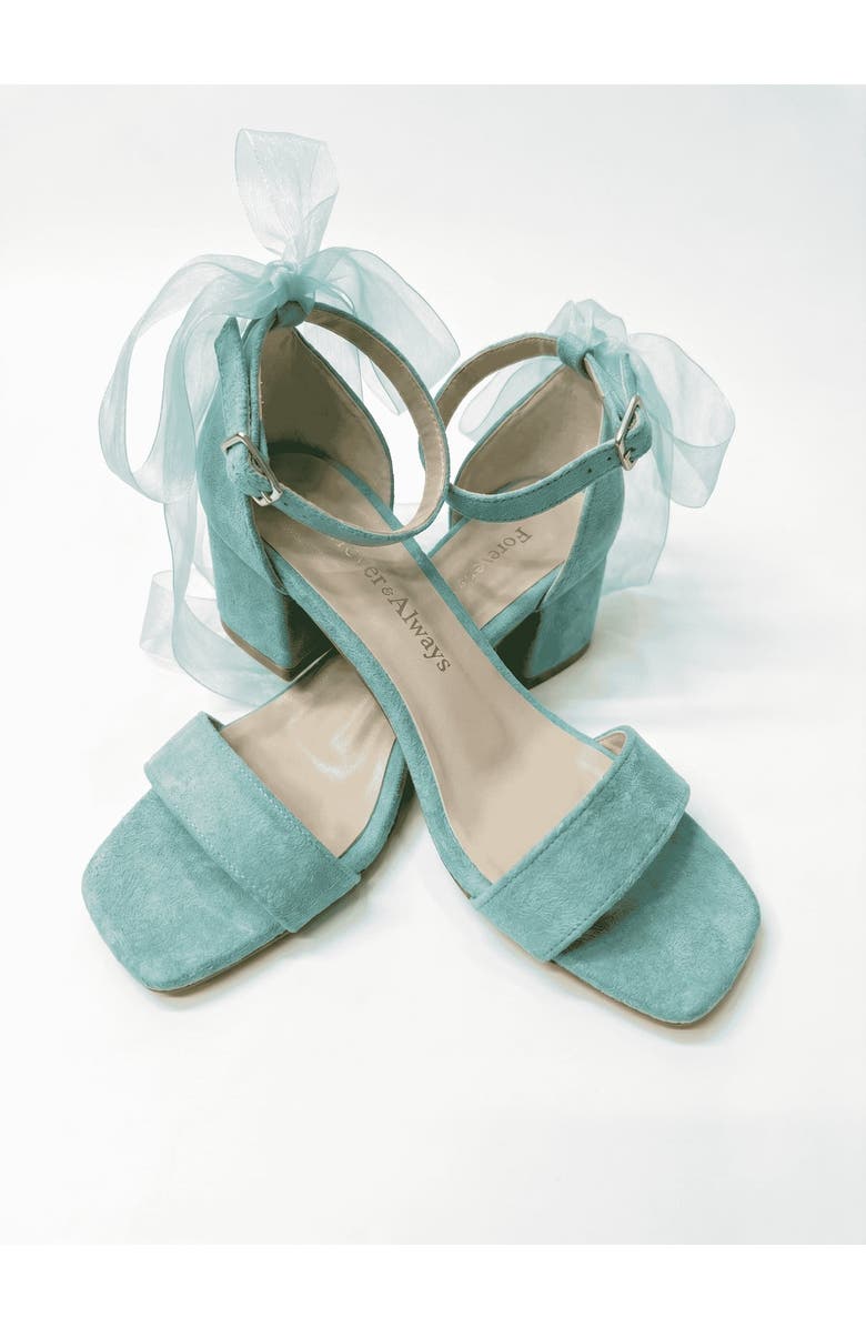 Forever & Always Shoes Rochelle Ivory Bridal Sandals with Ribbon, Alternate, color, Aqua Suede