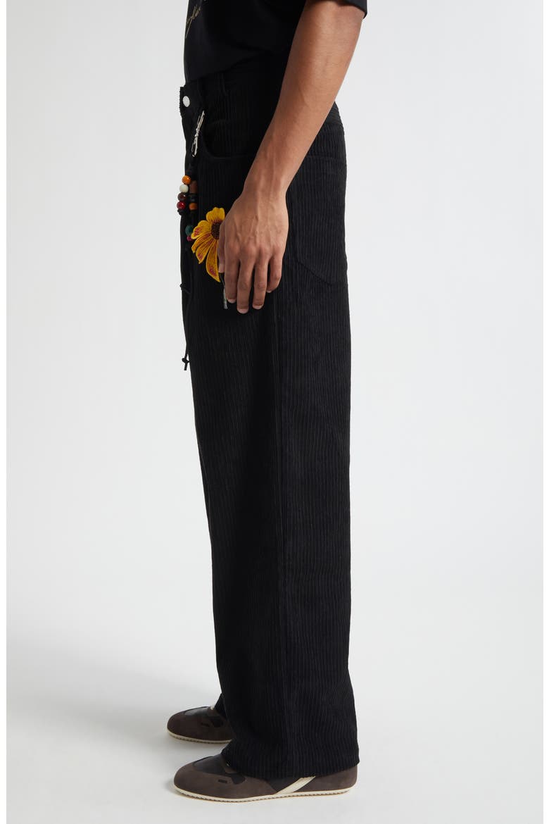 Pleated Embellished Flower Patch Corduroy Pants, Alternate, color, BLACK