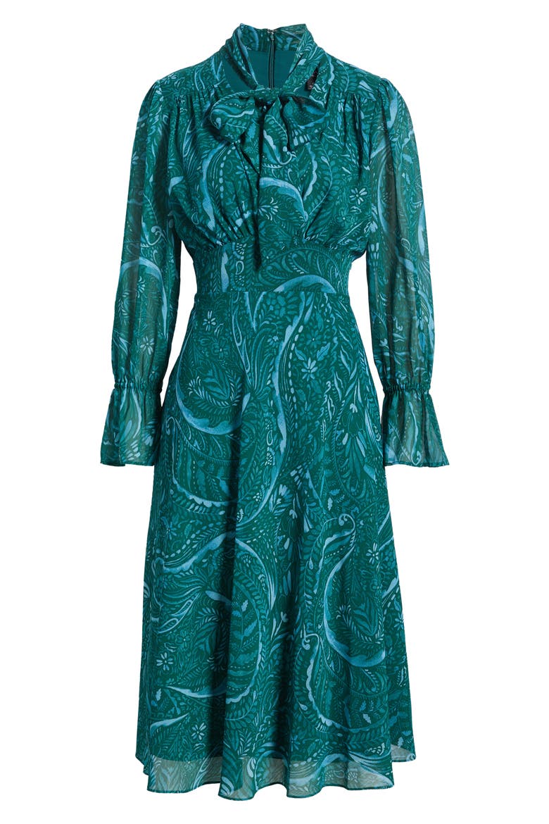 Print Tie Neck Long Sleeve Midi Dress, Alternate, color, TEAL PAISLEY