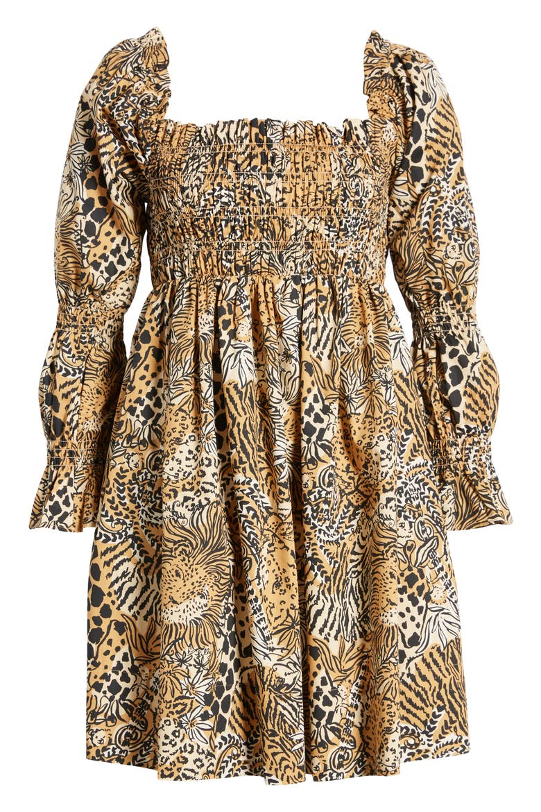 Beyonca Print Smocked Long Sleeve Dress, Alternate, color, RATTAN WALK ON THE WILD SIDE