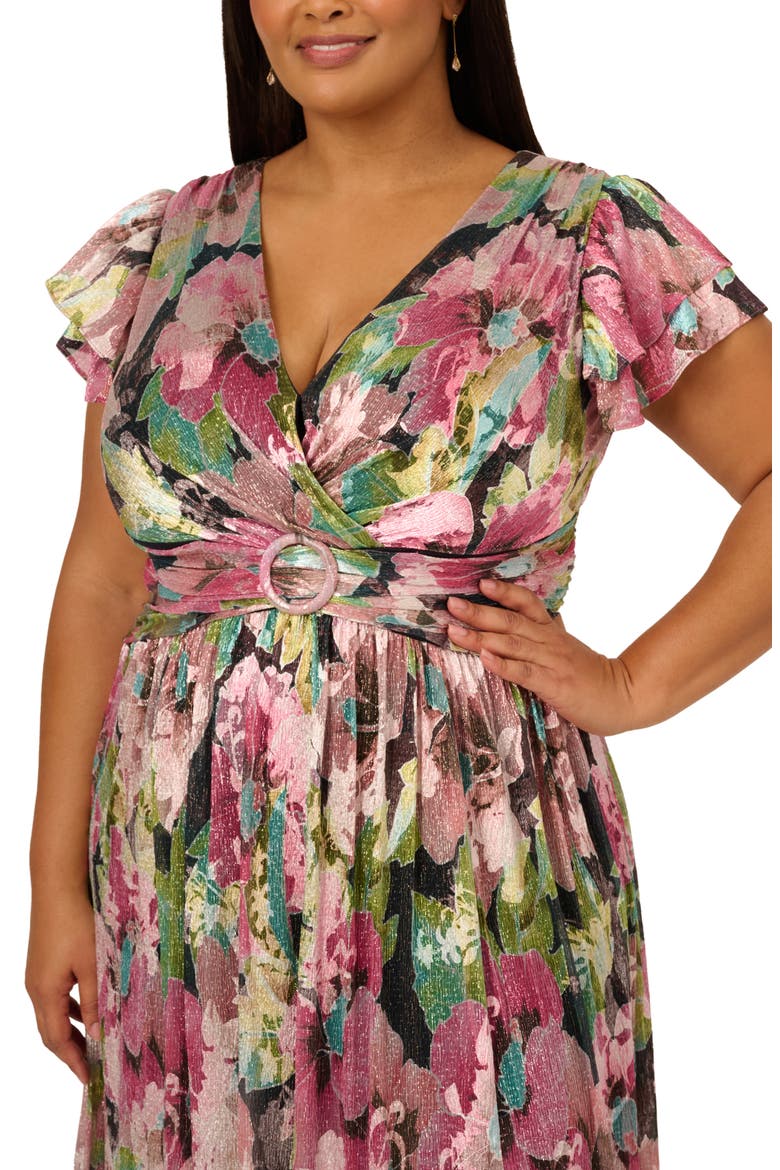 Flutter Sleeve Metallic Floral Maxi Cocktail Dress, Alternate, color, NAVY/ PINK MULTI