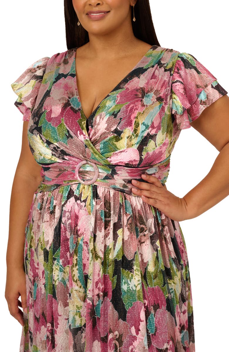 Adrianna Papell Flutter Sleeve Metallic Floral Maxi Cocktail Dress, Alternate, color, Navy/ Pink Multi