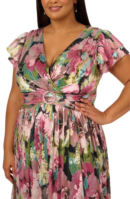 Adrianna Papell Flutter Sleeve Metallic Floral Maxi Cocktail Dress In Pink