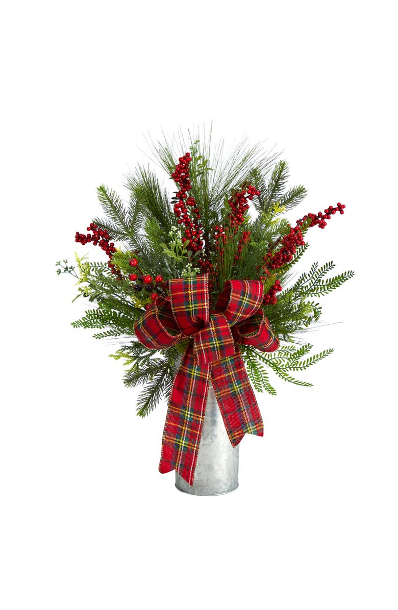 NEARLY NATURAL 28-in Holiday Winter Greenery, Berries and Plaid Bow Artificial Christmas Arrangement Home Décor, Main, color, Green/Red