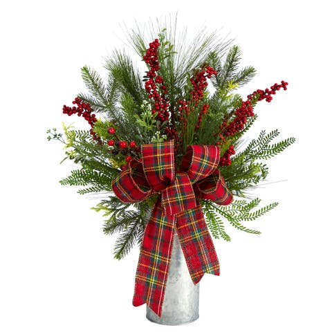 28-in Holiday Winter Greenery, Berries and Plaid Bow Artificial Christmas Arrangement Home Décor