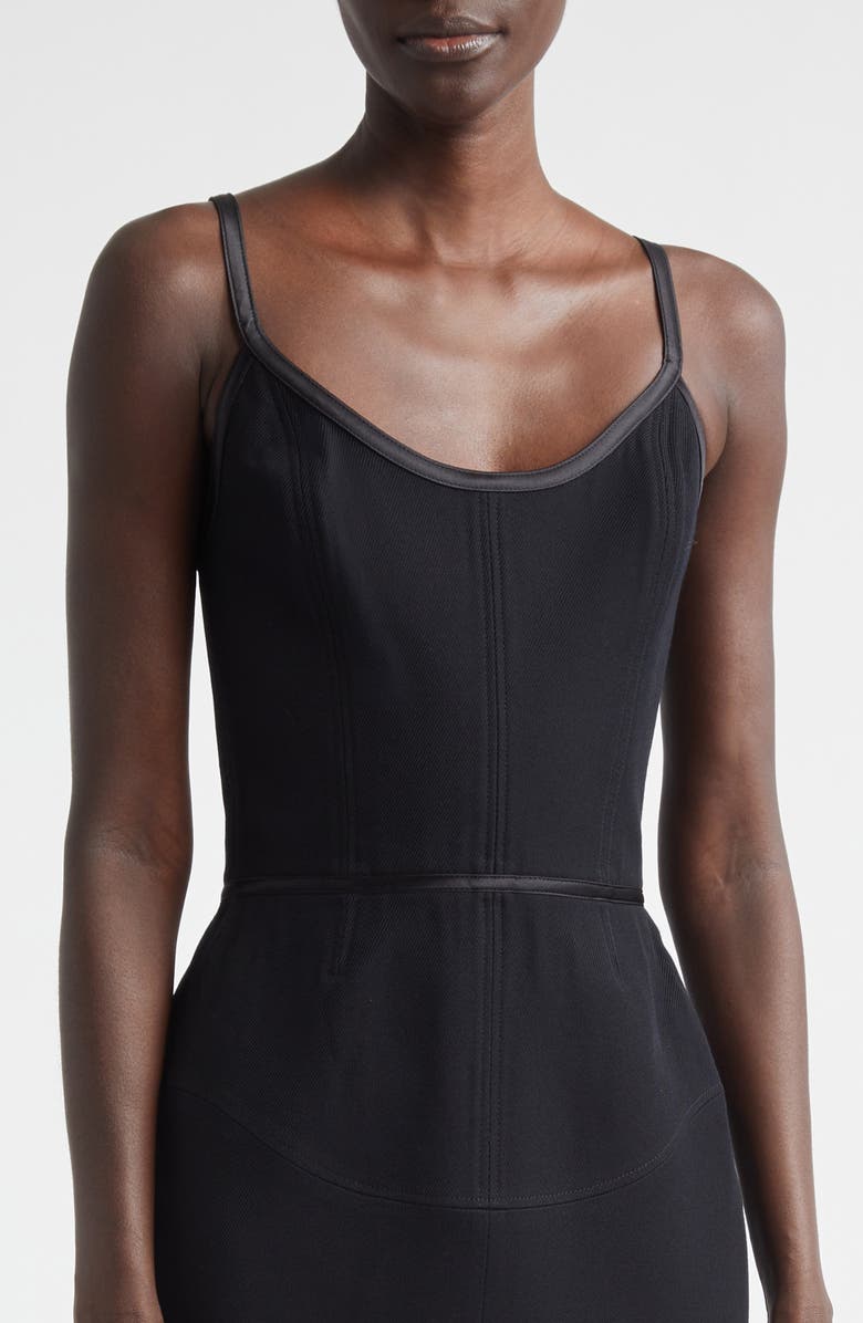 Thom Browne Satin Tipped Whipcord Wool Corset Maxi Dress, Alternate, color, Black