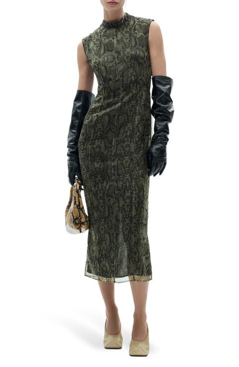 Snakeskin Print Open Back Organza Midi Dress