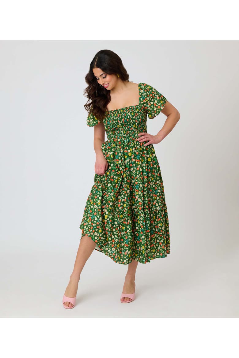 Smocked Bodice Midi Dress, Alternate, color, Green Strawberry Print