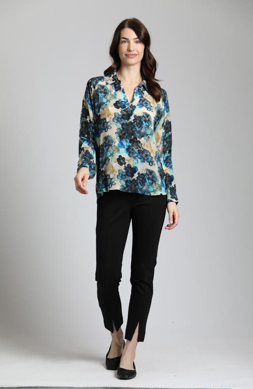 Apny Floral Print Popover Top In Blue/ivory Multi