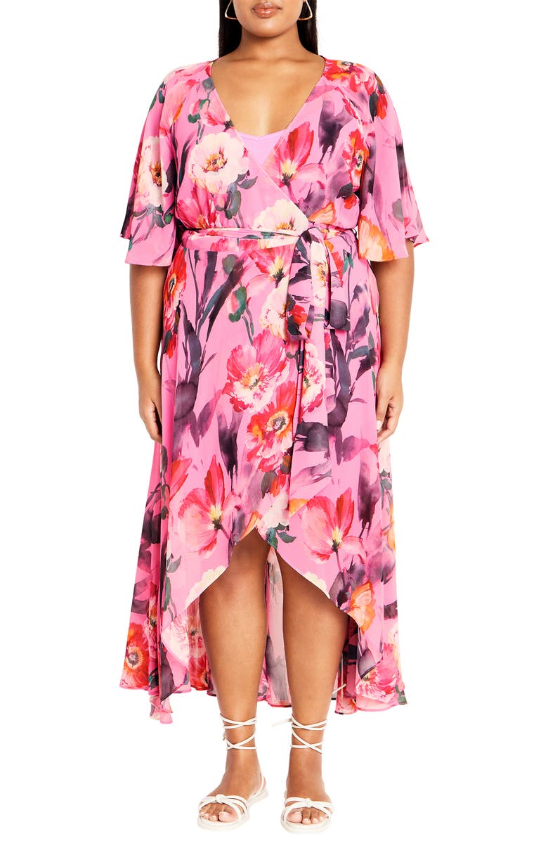 City Chic Lover's Lane Floral Tulip Hem Wrap Maxi Dress, Main, color, 