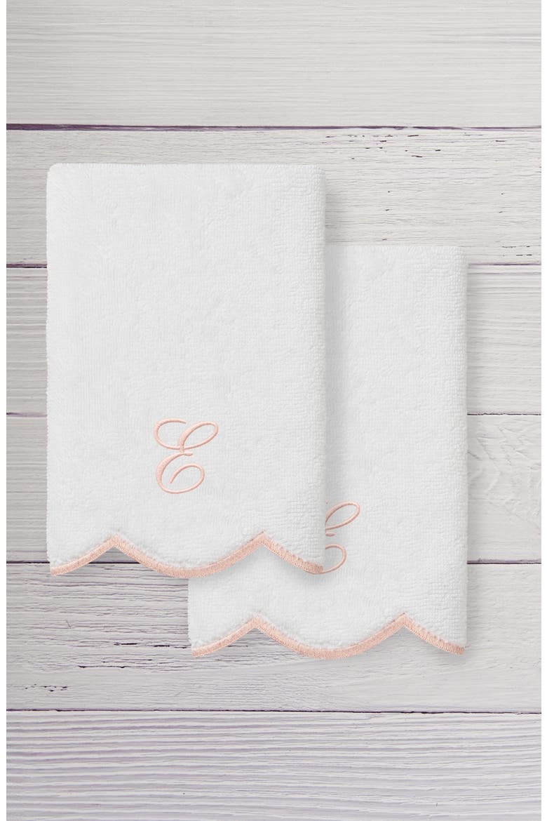 Scallop Set of 2 Monogram Fingertip Towels, Alternate, color, WHITE/ PINK E