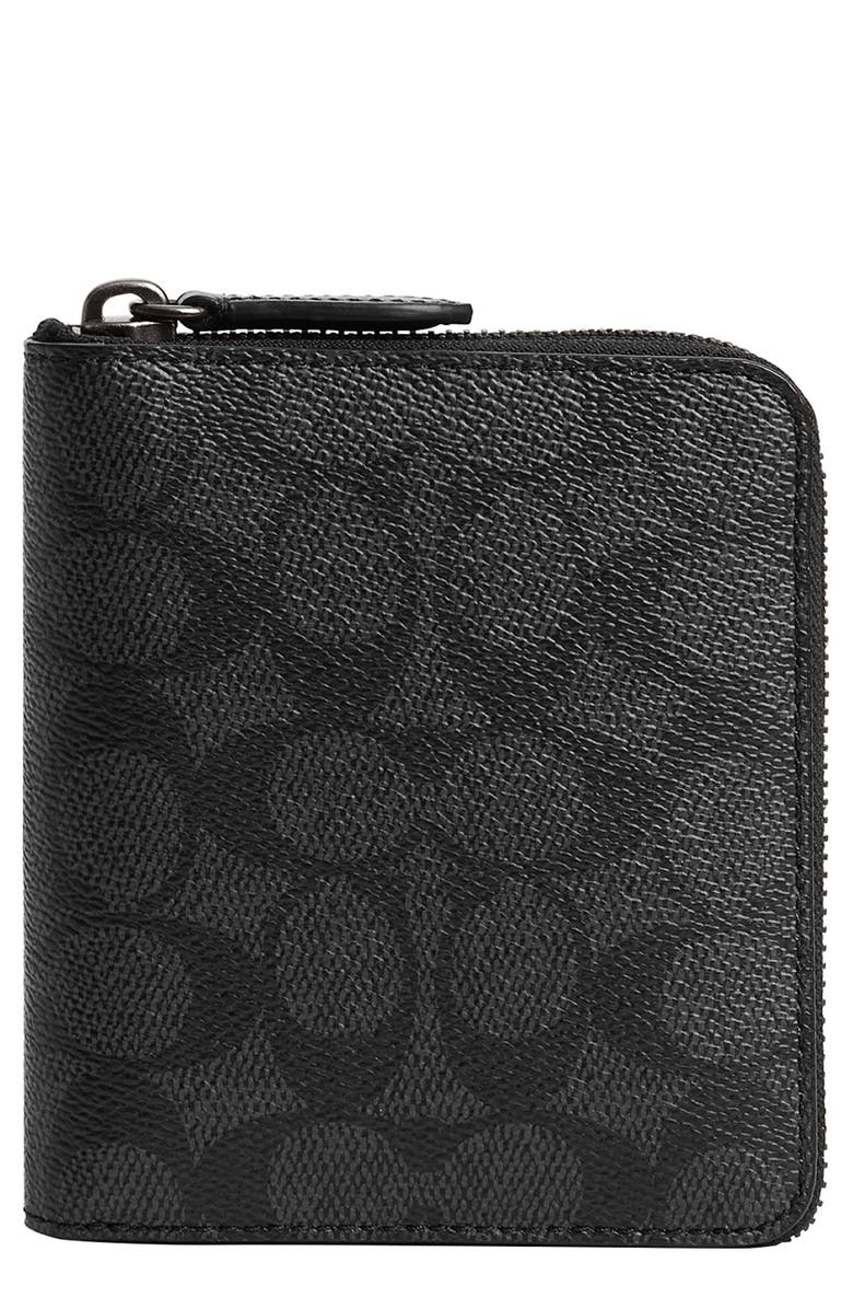 COACH Signature Coated Canvas & Leather Zip Around Bifold Wallet, Main, color,