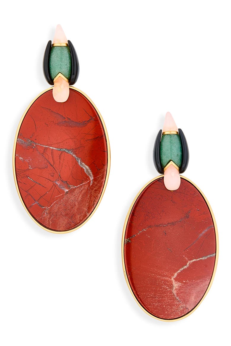 Large Plume Drop Earrings, Main, color, GOLD/ DARK RED